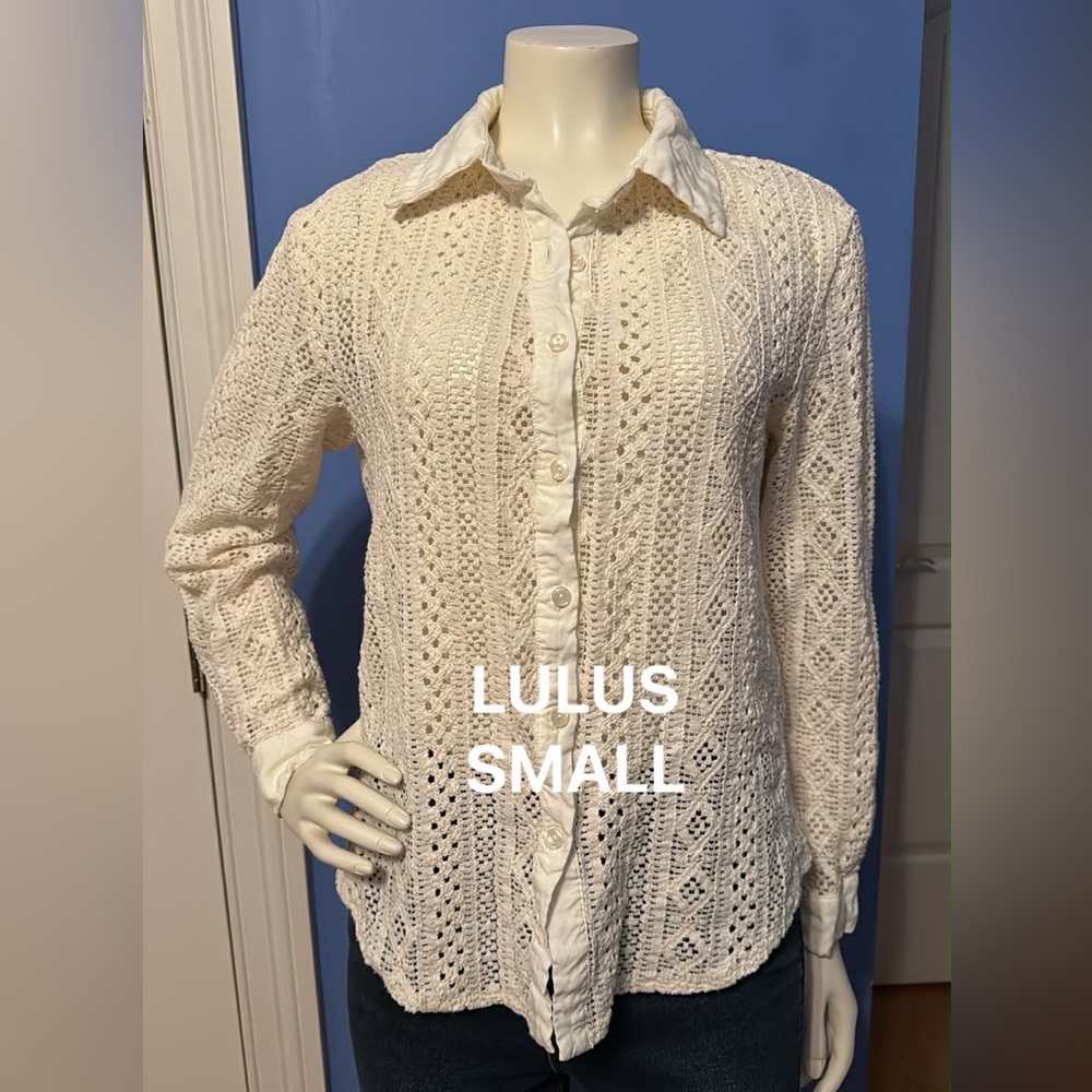 Lulu's Women's White Crochet Button-Down Shirt